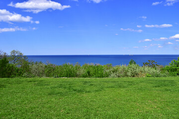 green meadow and blue sea. sunny summer day, seascape. A beautiful shot of green grass and blue water. hot weather. ship on the sea in the background. summer rest. travel, tourism, resort