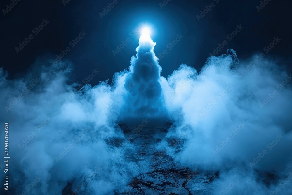 Poster a mystical scene featuring a bright light emerging from a foggy landscape, creating an ethereal atmo