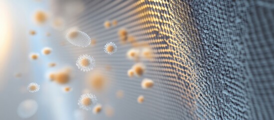 Close-up of an air filter fiber with floating pollen particles in soft blue and yellow tones, emphasizing allergy relief for home environments.