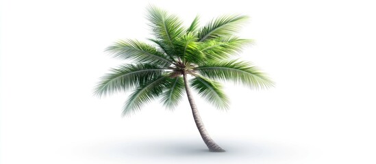 Coconut palm tree with lush green fronds slightly tilted, positioned centrally on a soft white background with subtle shadow effect.