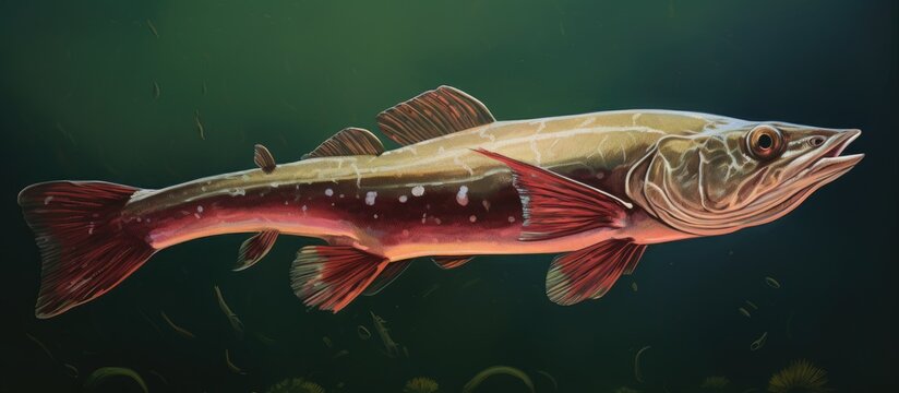 Realistic illustration of Pseudoplatystoma fish featuring a long body with a spotted pattern, primarily brown and beige, set against a dark green aquatic background.