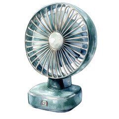A watercolor vintage-style fan with a circular design and a sturdy base, featuring a central knob and metal blades, isolated on white background.