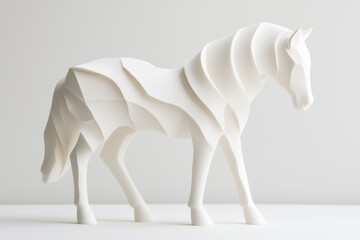 Obraz premium A modern, abstract paper sculpture of a white horse on a minimalistic background.