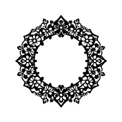 Black and white intricate floral wreath, with the floral elements arranged in a circular, repeating pattern.