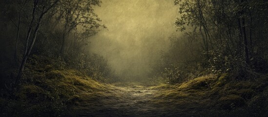 Fototapeta premium Misty forest landscape with deep green textures and soft golden light creating a dark vignette effect enhancing depth and contrast throughout the scene