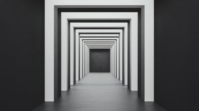A modern corridor featuring geometric lines and contrasting colors.