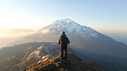 Fototapeta premium Majestic Sunrise Hike Mountain Peak View Adventurer Silhouette