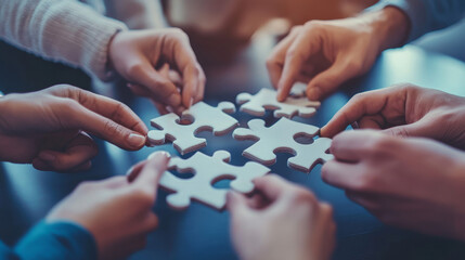 Puzzle business teamwork, team people partnership communication vector illustration. Success idea strategy for man woman at jigsaw. Building office work concept, brainstorming together.