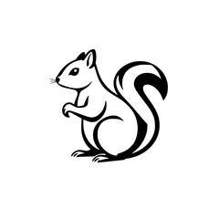 Black and white, outlined squirrel sitting upright, full profile, simple logo design against white background.