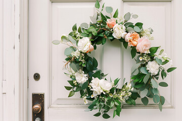 Fototapeta premium A floral wreath hangs from a white wooden door. Floral wreath on the front door.