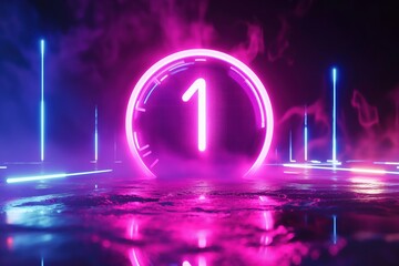 A glowing neon countdown timer displaying the number one on a reflective futuristic stage, surrounded by vibrant lights, fog, and a high-tech ambience.