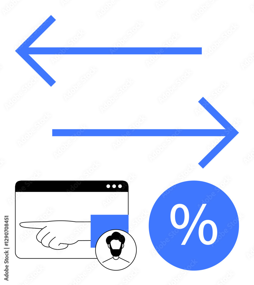 Aufkleber two blue arrows pointing left and right, below a browser window with a pointing hand, human avatar, 