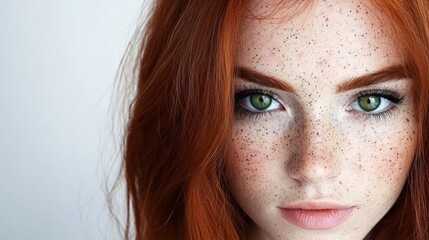 Fototapeta premium Close up Portrait Freckled Woman Red Hair Green Eyes Beauty Face