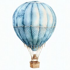 Whimsical blue hot air balloon with floral designs floating in a clear sky