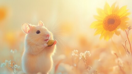 Curious little hamster holding a sunflower seed against a soft pastel background
