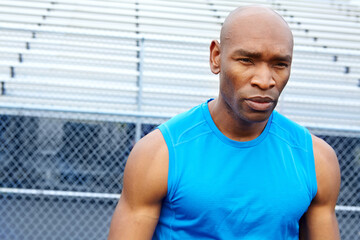Thinking, fitness and black man outdoor for exercise break, health or determination for workout....