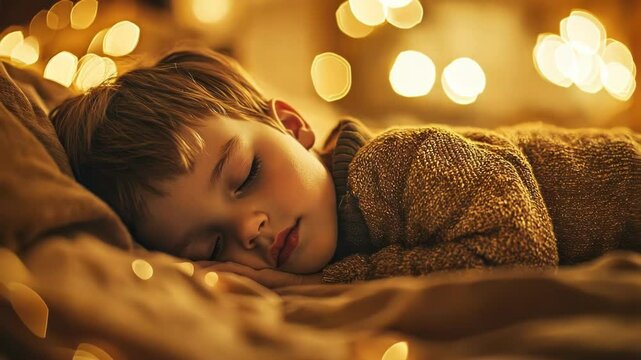 A peaceful child sleeps surrounded by golden lights.