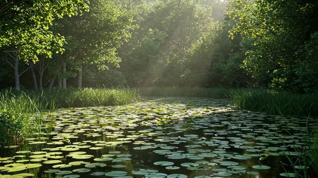 A serene pond surrounded by lush greenery and sunlight filtering through