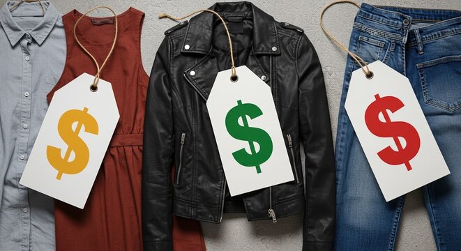 Stylish Clothing Collection with Price Tags, Featuring Trendy Dress, Jacket, and Jeans for Fashion Retail and Lifestyle Brands