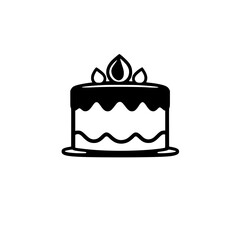 Black and White Cake Icon with Topping and Decorative Wavy Lines, Isolated.