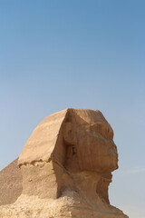 Close up face of The Great Sphinx at Giza in a sunny day, Egypt
