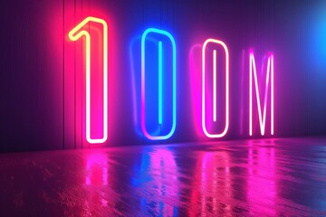 Bright neon lights form the bold number 100 million against a reflective surface. The vivid colors create an impactful and modern visual perfect for various design projects