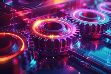 Futuristic glowing gears with neon cyberpunk design