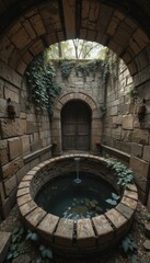 Serene Courtyard Water Feature Stone Archway Ancient Well and Tranquil Waterfall