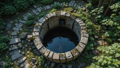 Stone Well in Lush Garden Aerial View Ancient Well Architecture Summer Scenery
