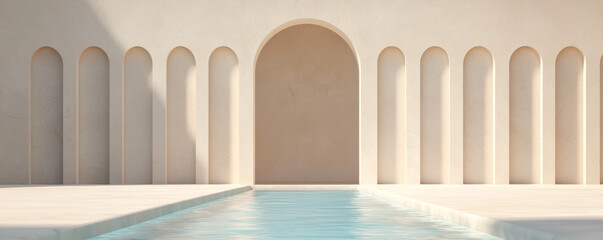 A serene pool scene featuring elegant arches and minimalist architecture.
