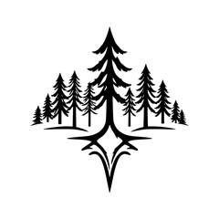 Obraz premium Black and white illustration of stylized coniferous trees forming a symmetrical design.