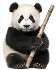 Fototapeta premium A cute baby panda sitting and holding a bamboo stick against a white background.