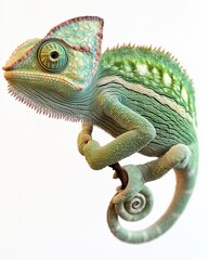 Obraz premium A vibrant green chameleon perched on a branch against a white background.