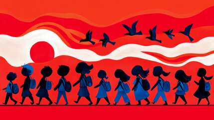 Naklejka premium Back to School Concept: A spirited march of children toward education, under watchful birds, design for a school, poster or educational material.