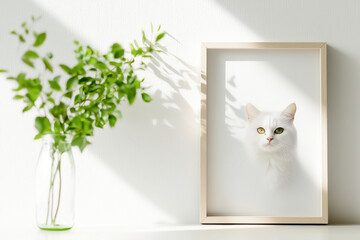 A serene white cat peering through a framed picture with fresh green leaves.