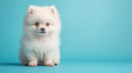 Fototapeta premium Cute Pomeranian puppy with a fluffy coat sitting on a pastel blue background