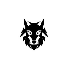 Black and white minimalist wolf head logo, with bold lines and sharp angles.