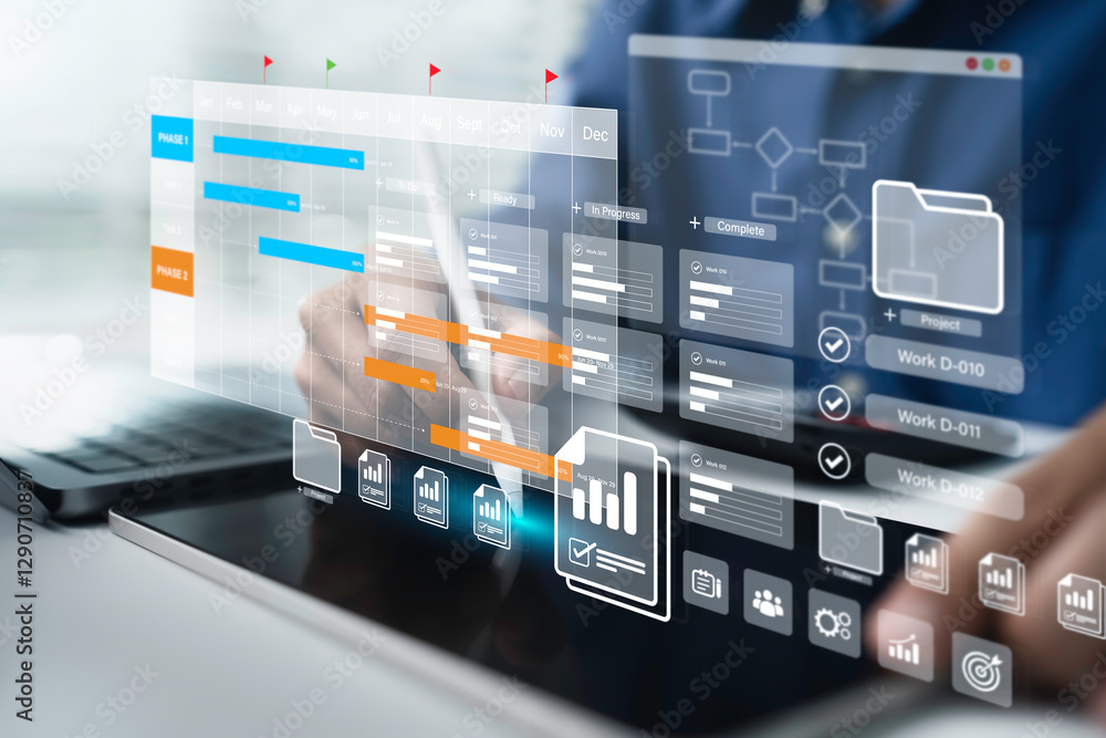 Poster Project management tool concept. Business people use laptop to manager working projects and update task with Gantt chart schedule to Business plan and progress. Planning software.