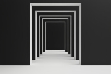 Fototapeta premium A series of white framed doors leading to an unknown space with a minimalist aesthetic.