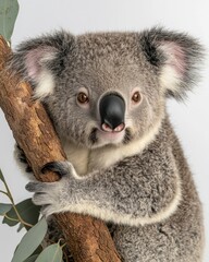 Naklejka premium A cute koala bear hugging a tree branch with eucalyptus leaves in a studio setting.