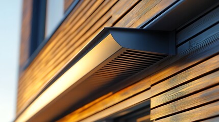 Obraz premium Sleek Modern Exterior Lighting Fixture on Wood Siding at Sunset