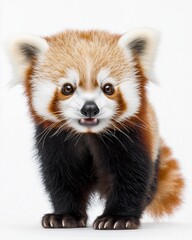 Fototapeta premium A cute red panda standing and looking at the camera with a playful expression against a white background.