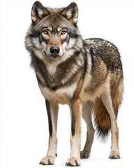 Obraz premium A majestic wolf with striking features standing against a white background.
