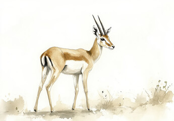 full body depiction of antelope in serene setting, showcasing its graceful form and distinctive features. artwork captures essence of wildlife in natural habitat