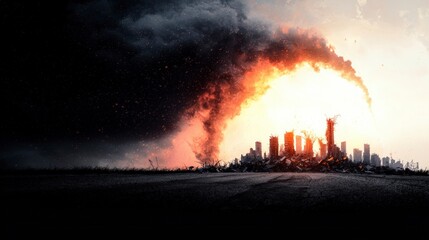 Obraz premium Apocalyptic Cityscape Fire Destruction Storm Ruins Disaster