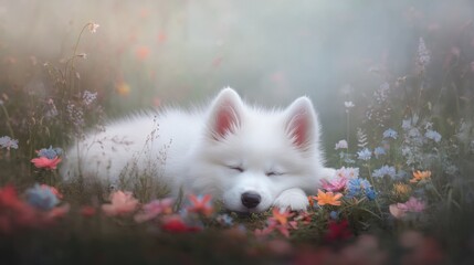 Obraz premium Fluffy Samoyed puppy lying in a field of flowers with a soft-focus dreamy background