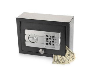 Modern safe box with money isolated on white background