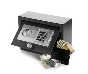 Open modern safe box with money, wallet and wrist watch isolated on white background