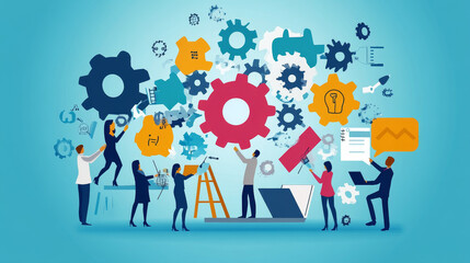 Business idea teamwork creative concept, vector illustration People team character at large laptop work, communication in office. Solution technology and cooperation development in company.