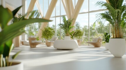 Fototapeta premium Serene Modern Lounge With Abundant Natural Light And Greenery